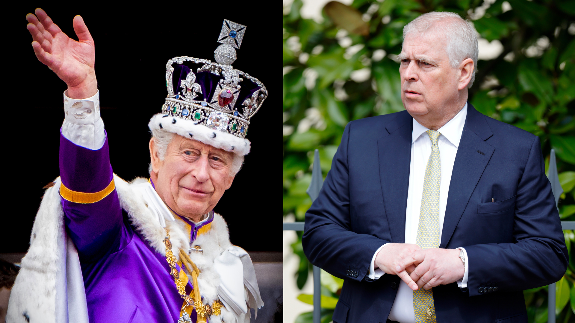 King Charles wearing a crown and purple robe waving; Prince andrew in a blue suit looking confused