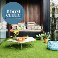 room clinic with wooden background artificial grass cactus plant