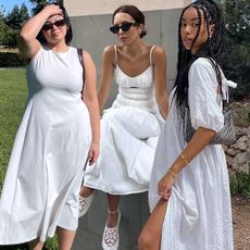 stylish fashion collage of influencers Marina Torres, Debora Rosa and Amaka Hamelijnck wearing chic white dresses for summer