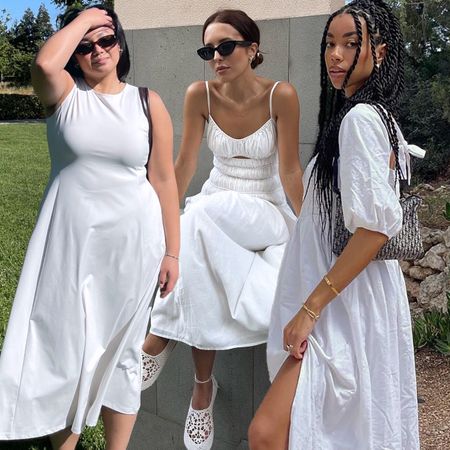 stylish fashion collage of influencers Marina Torres, Debora Rosa and Amaka Hamelijnck wearing chic white dresses for summer