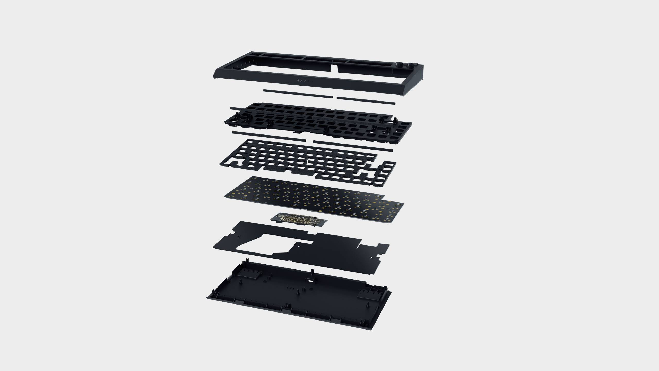 The different layers of a Razer BlackWidow V4 75 barebones gaming keyboard