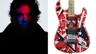 Wolfgang Van Halen (left), and a replica of Eddie Van Halen's legendary Frankenstein guitar