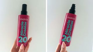 Collage of photos of hand holding Matrix leave-in conditioner