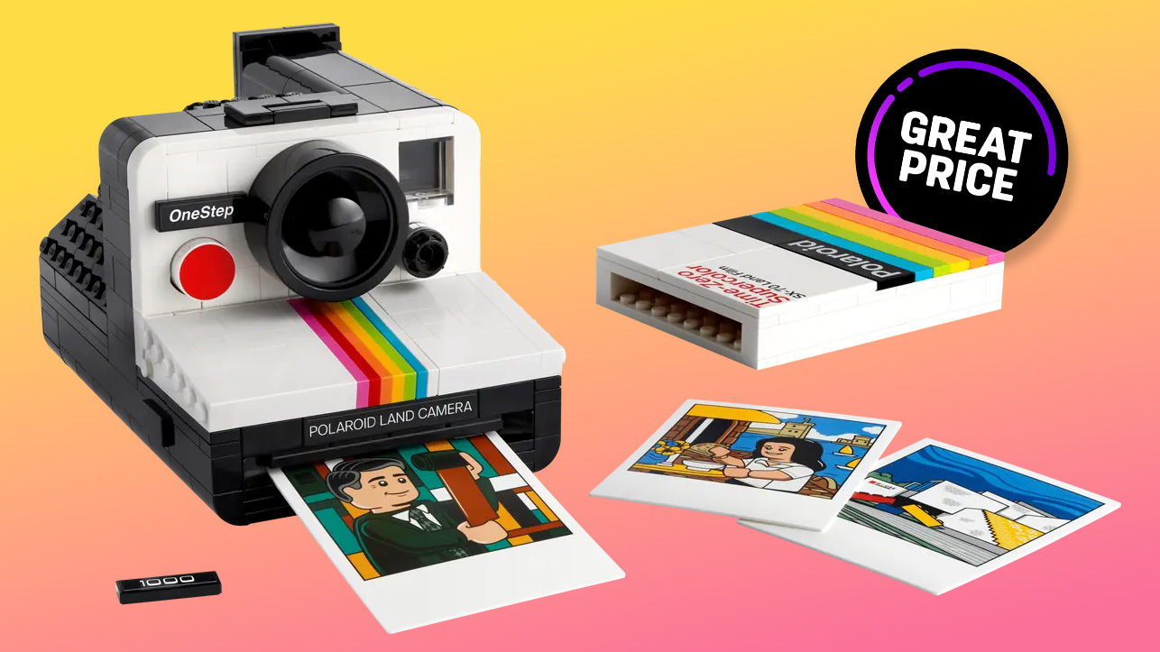 Lego OneStep SX-70 on a pink to yellow gradient