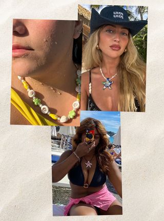 A collage of women wearing their swimwear with nautical-themed necklaces.