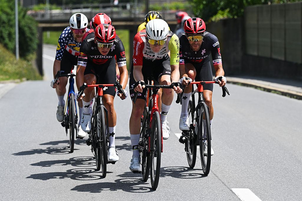 (L-R) Marius Mayrhofer of Germany and Team Tudor Pro Cycling, Georg Zimmermann of Germany and Team Intermarche-Wanty and Larry Warbasse of United States and Team Tudor Pro Cycling compete in the breakaway during the 88th Tour de Suisse, Stage 4 a 193.2km stage from Heiden to Piuro (Valchiavenna) / #UCIWT / on June 18, 2025 in Piuro, Switzerland. (Photo by Tim de Waele/Getty Images)