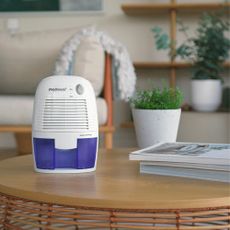 The mini ProBreeze dehumidifier sat on a wooden coffee table in a living room