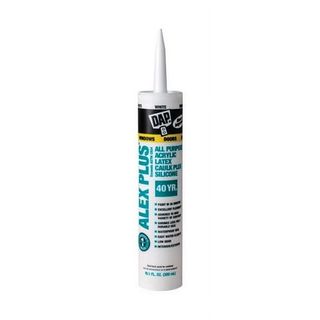 A plastic tube with a long straight nozzel of latex silicone caulk. Blue text on the container, Black DAP branding