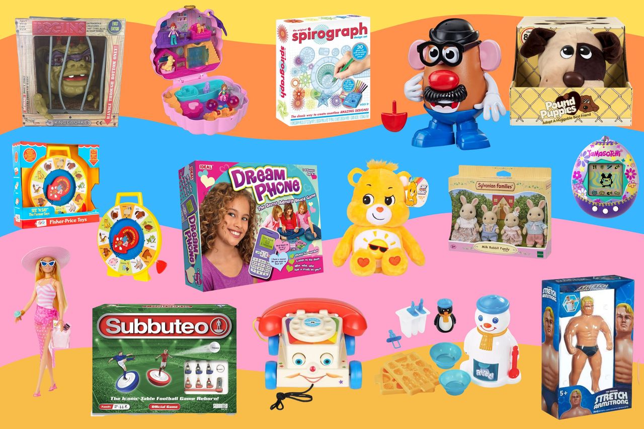 Collage showing a selection of classic toys that you can still buy today