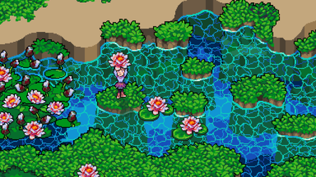 A pixel art woman stood on mossy rocks in a river