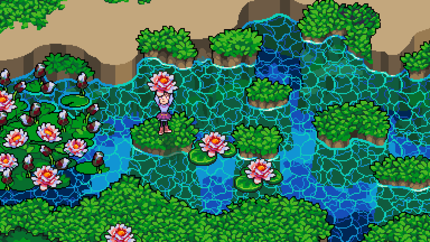 A pixel art woman stood on mossy rocks in a river