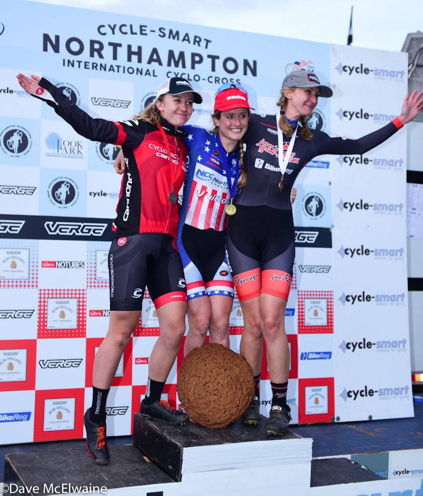 (L to R) Elite Women&rsquo;s Podium- Emma White (Cyclocrosworld.com) 2nd, Ellen Noble (JAM/NCC/Vittoria) 1st, Kathleeen Lysakowski (Joe&rsquo;s Garage)