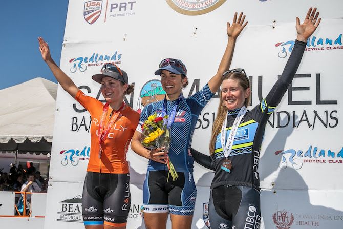 Sho-Air Twenty20's Erica Clevenger won the final stage of the 2019 Redlands Bicycle Classic ahead of RallyUHC's Sara Poidevin and Tibco's Lauren Stephens