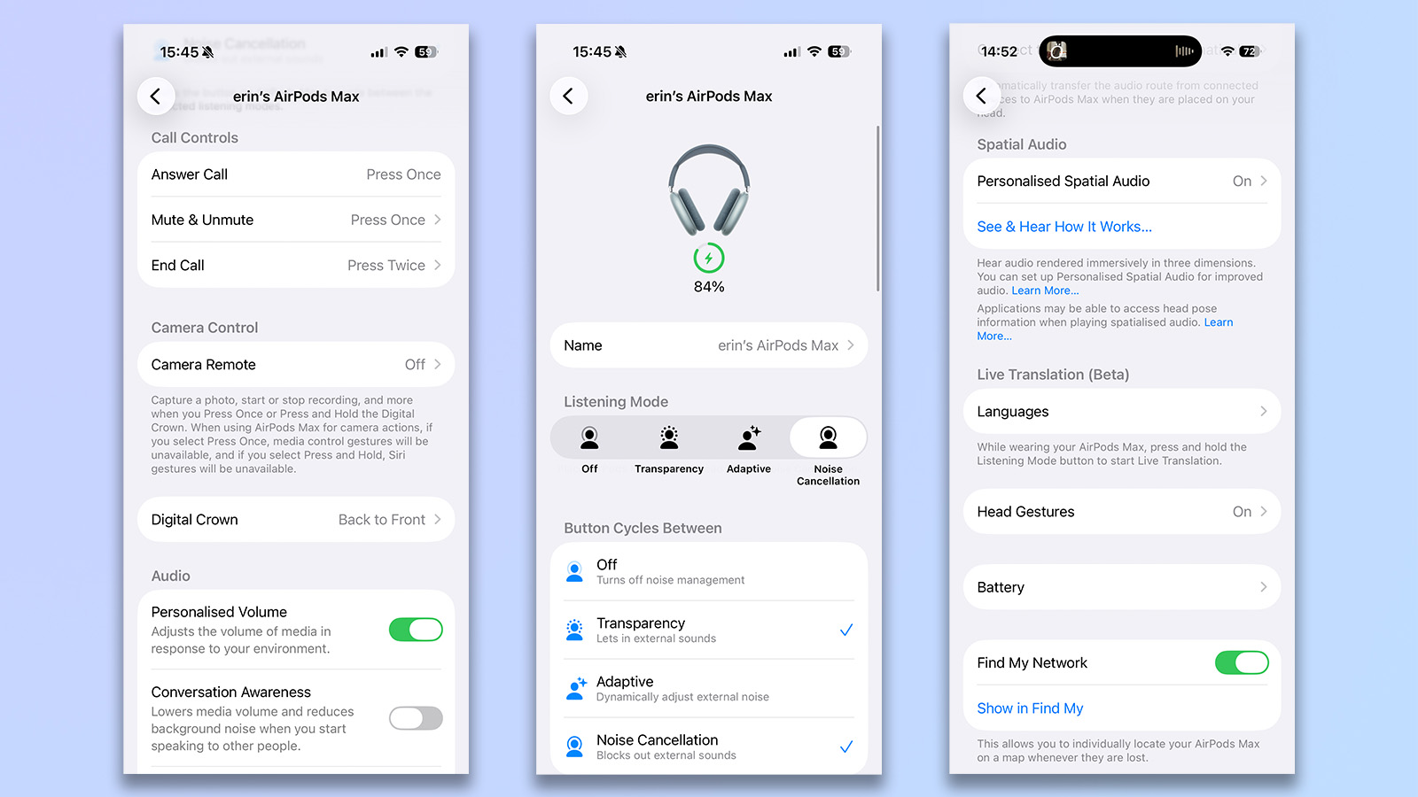 three screenshots from the airpods max 2 settings tab in an iphone 16 pro running ios 26.4