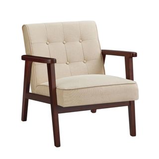 A beige chair with dark brown legs and arms