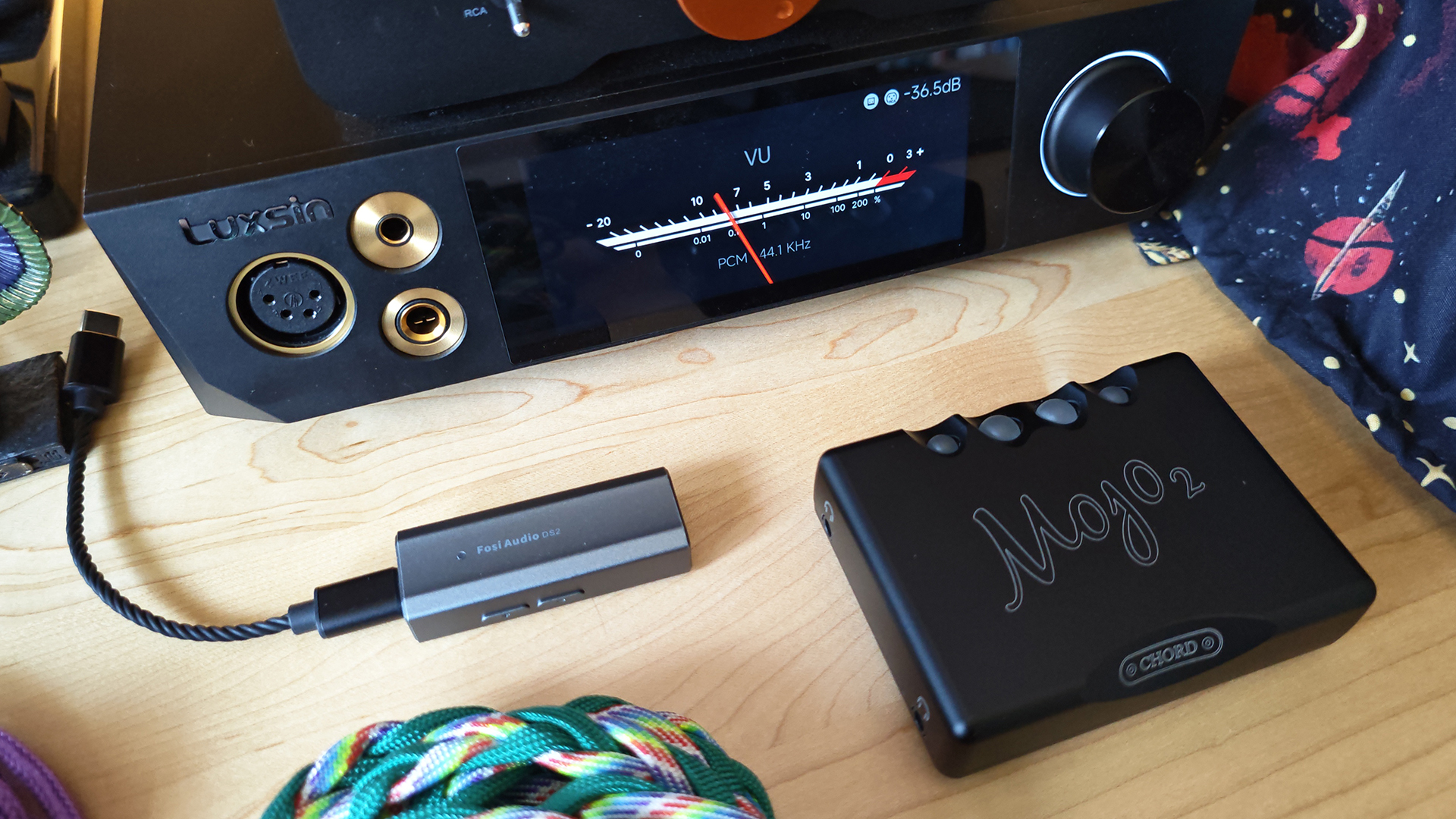 The Luxsin X8, Mojo 2 and Fosi DS2 DAC/Amps.