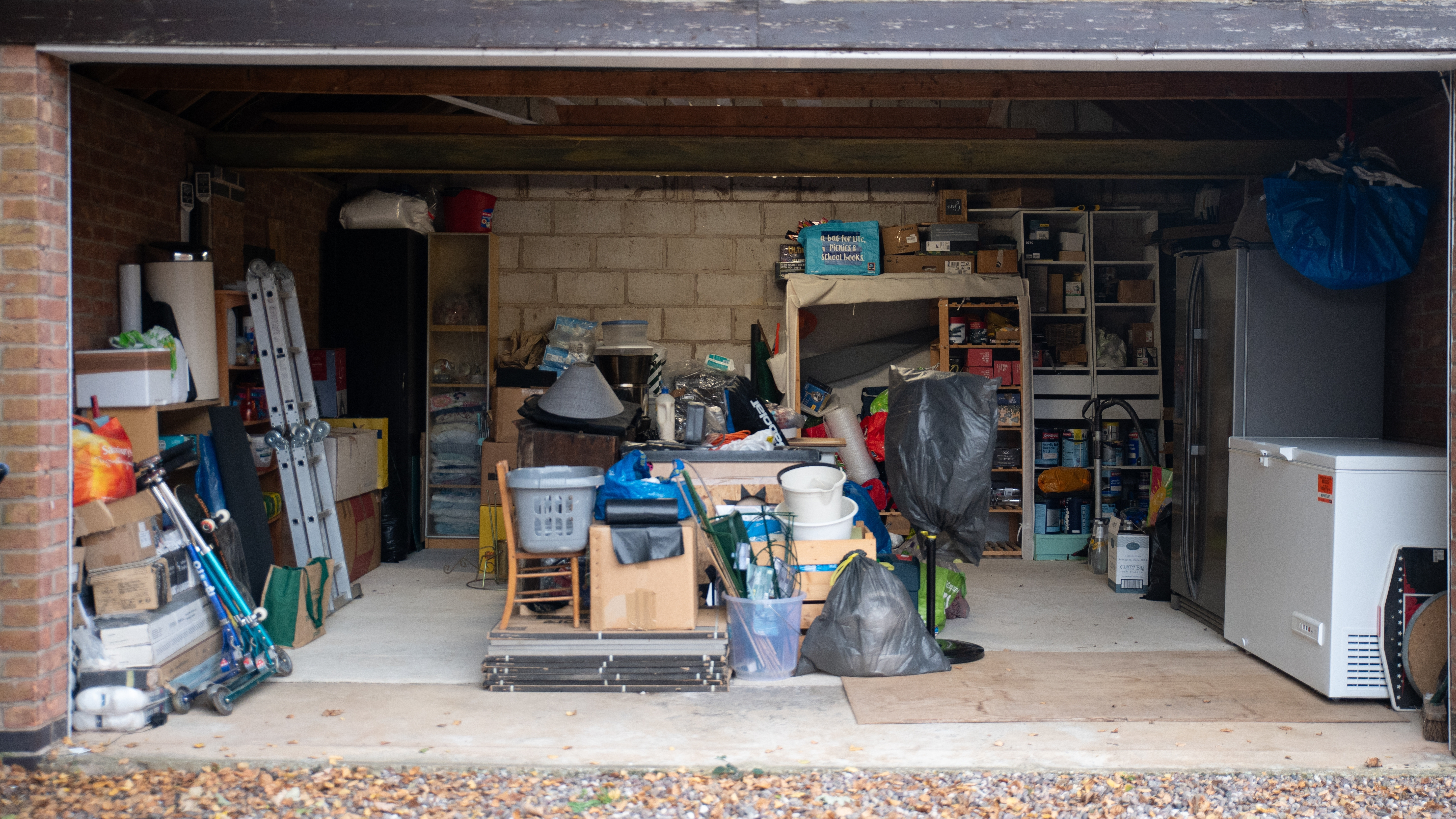 Open garage with stored items