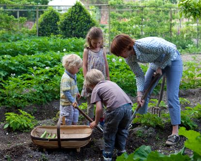 children gardening in a vegetable garden
