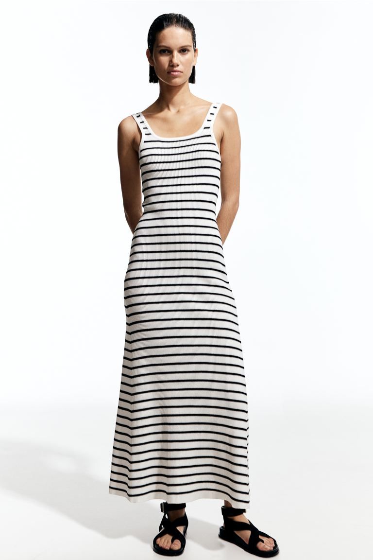 Flared-Skirt Rib-Knit Dress