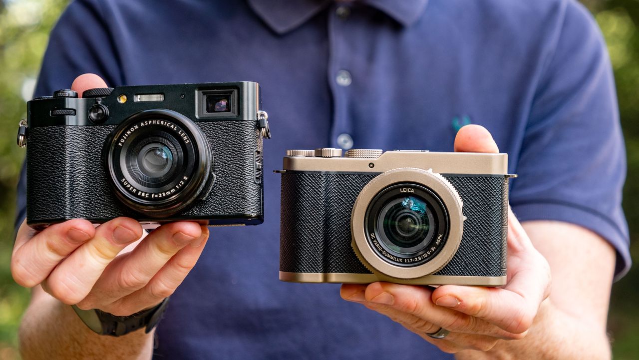 Fujifilm X100VI premium compact camera alongside the Panasonic Lumix L10 in tech journalist Tim Coleman's hands
