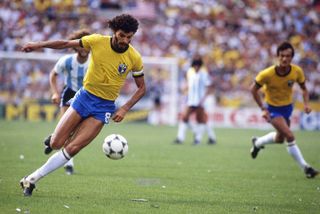 Socrates in action for Brazil against Argentina in the 1982 World Cup in Spain.