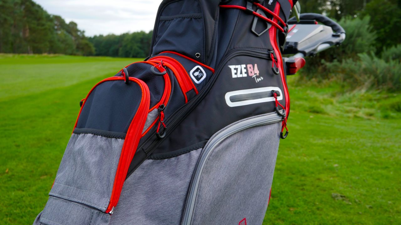 A detailed view of the pockets on the Eze84 tour cart bag