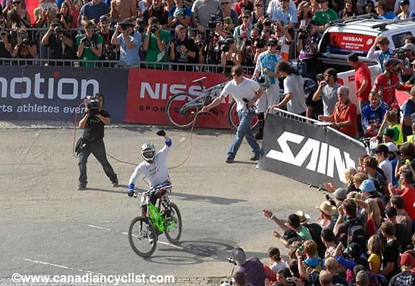 Sam Hill greets the fans after his winning ride