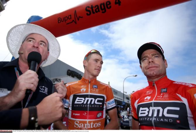 Rohan Dennis (BMC) and teammate Cadel Evans chat pre-stage