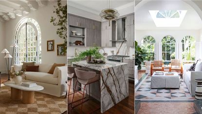 Is marble still on trend? Living room with marble coffee table. Kitchen with marble kitchen island and backsplash, living room with marble flooring.