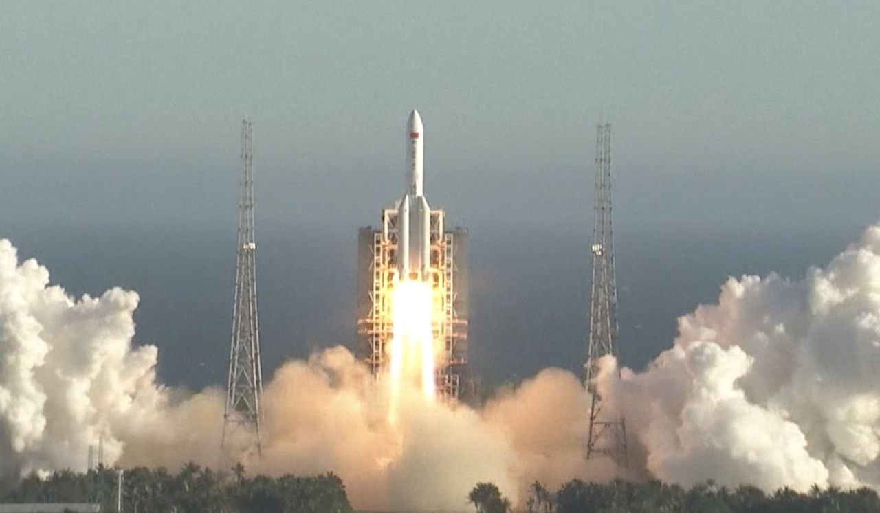 China's first Long March 5B rocket launches the country's next-generation space capsule into orbit on an uncrewed test flight from Wenchang Space Launch Center on Hainan Island in southern China on May 5, 2020.