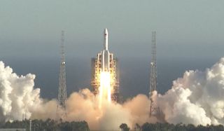 A Chinese Aerospace Corporation image shows the Long March 5b's launch from Wenchang launch center May 5.