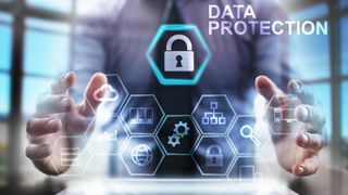 Person with hands around honeycomb network with padlock in middle signifying data protection