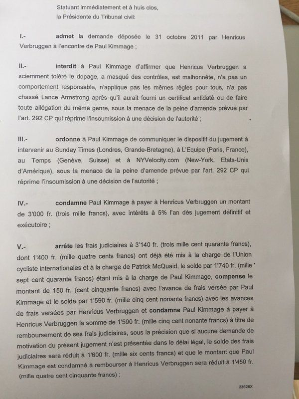 A page of the ruling in the Kimmage and Verbruggen case