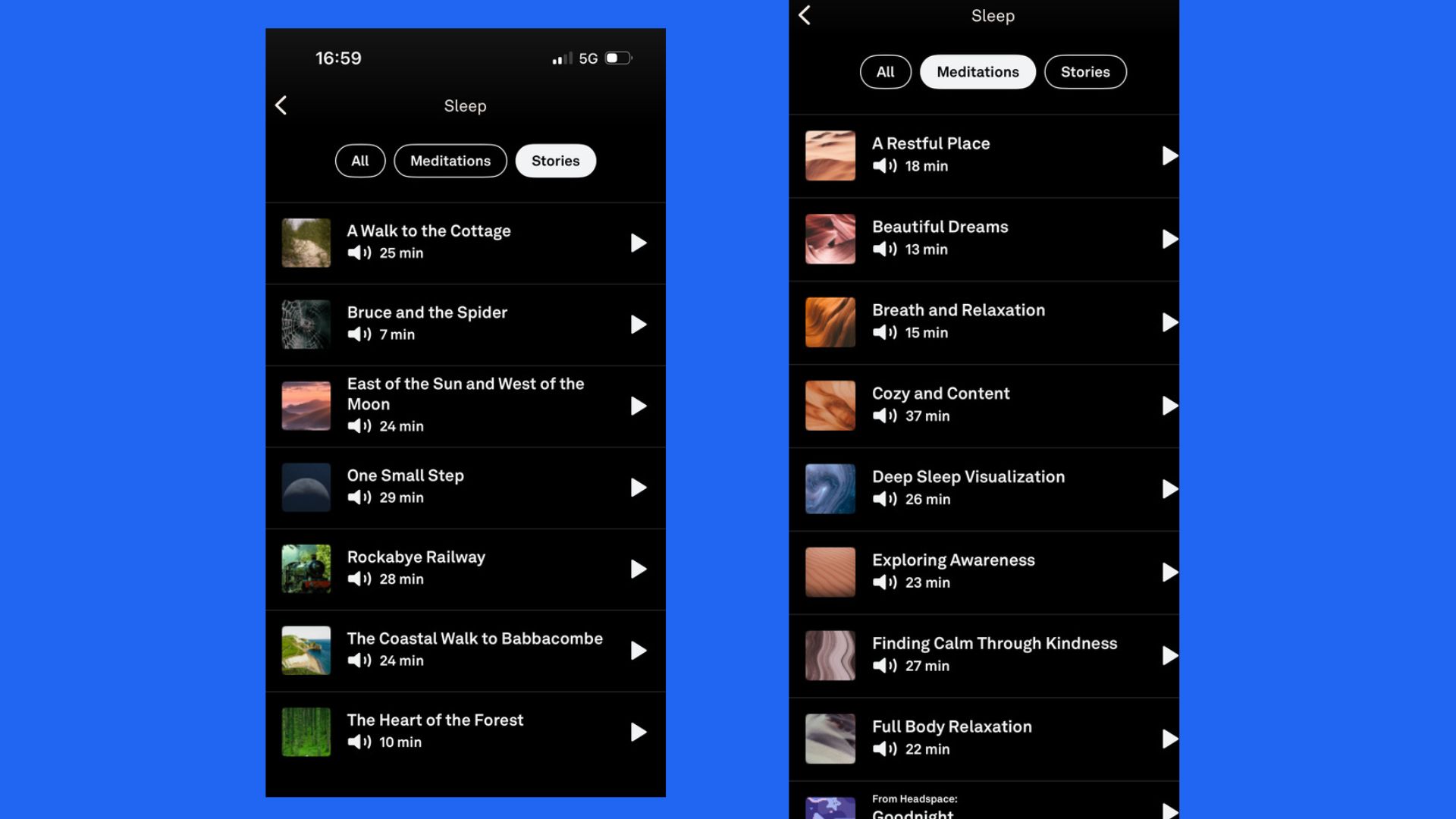 The Oura Ring 5 app displaying sleep mediations and sleep stories.