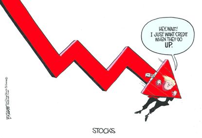 Political cartoon U.S. Trump economy Dow Jones drop stock market