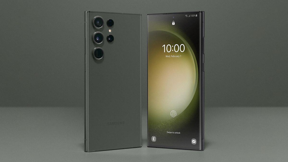 Two Samsung Galaxy S23 Ultra phones in green standing upright, one shows the front and the other the rear