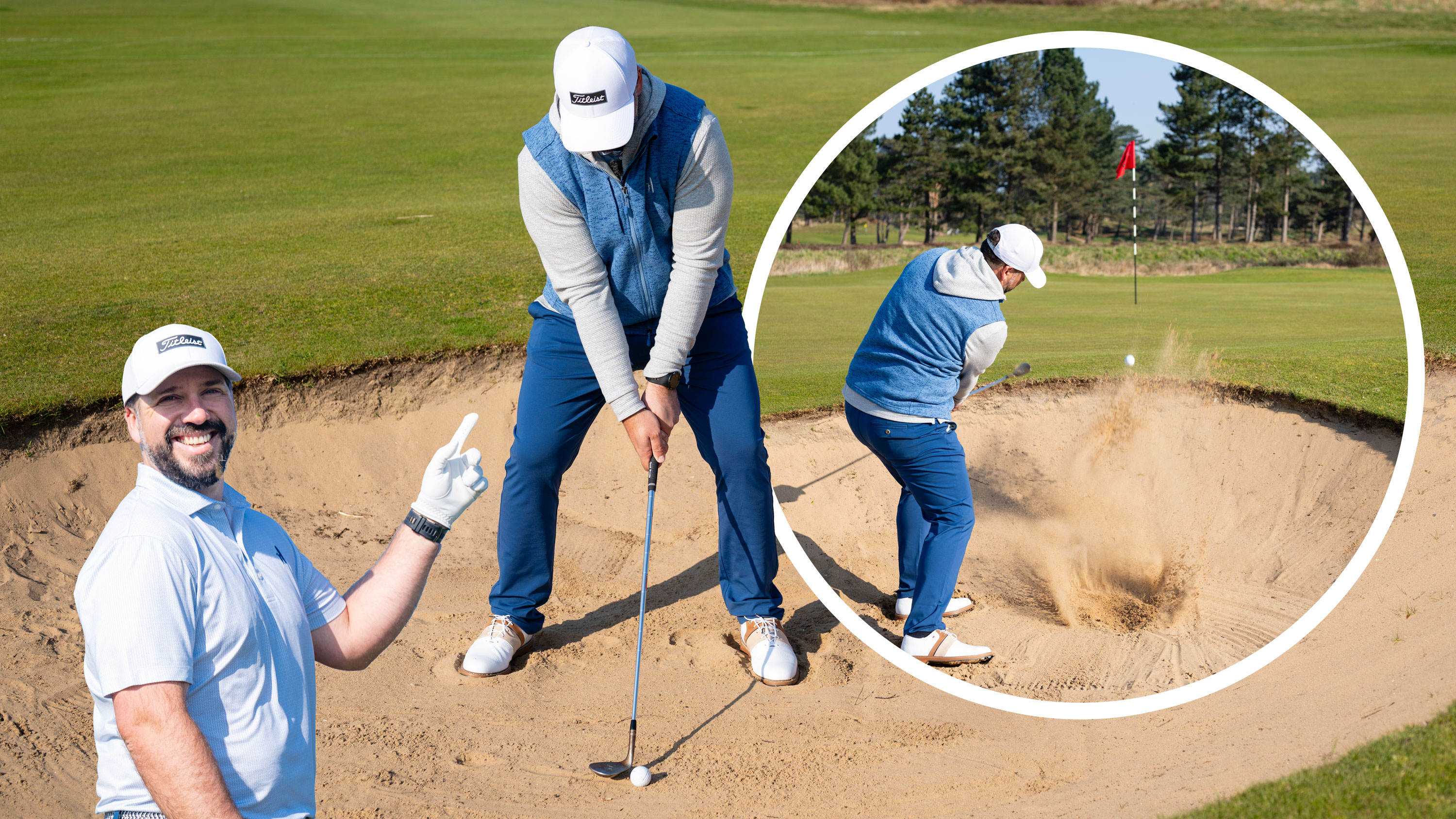 Peter Finch in the correct setup position for a greenside bunker shot, with inset images of Peter Finch hitting a greenside bunker shot and Peter Finch pointing jovially to himself playing the shot as if he is indicating that he can teach you how to do it