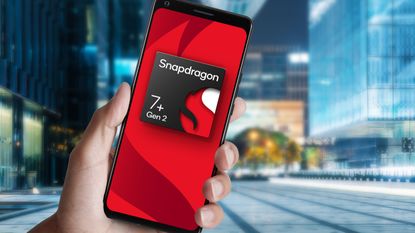 The Snapdragon 7+ Gen 2 on a phone in a city