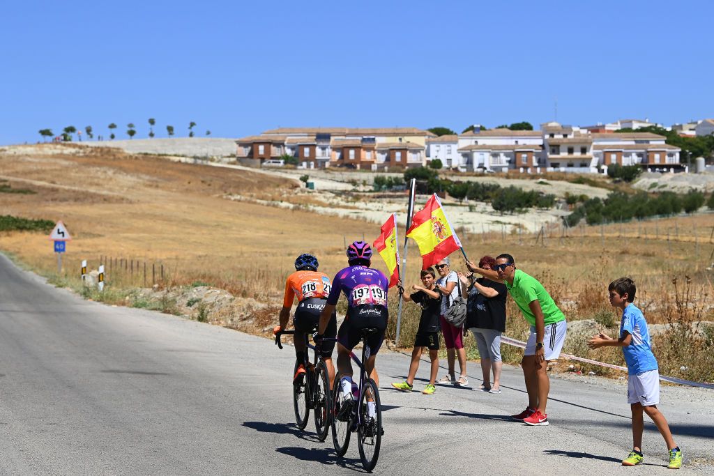 TOMARES SPAIN SEPTEMBER 06 Ander Okamika Bengoetxea of Spain and Team Burgos BH and Luis ngel Mat Mardones of Spain and Team Euskaltel Euskadi compete in the breakaway fduring the 77th Tour of Spain 2022 Stage 16 a 1894km stage from Sanlcar de Barrameda to Tomares LaVuelta22 WorldTour on September 06 2022 in Tomares Spain Photo by Tim de WaeleGetty Images