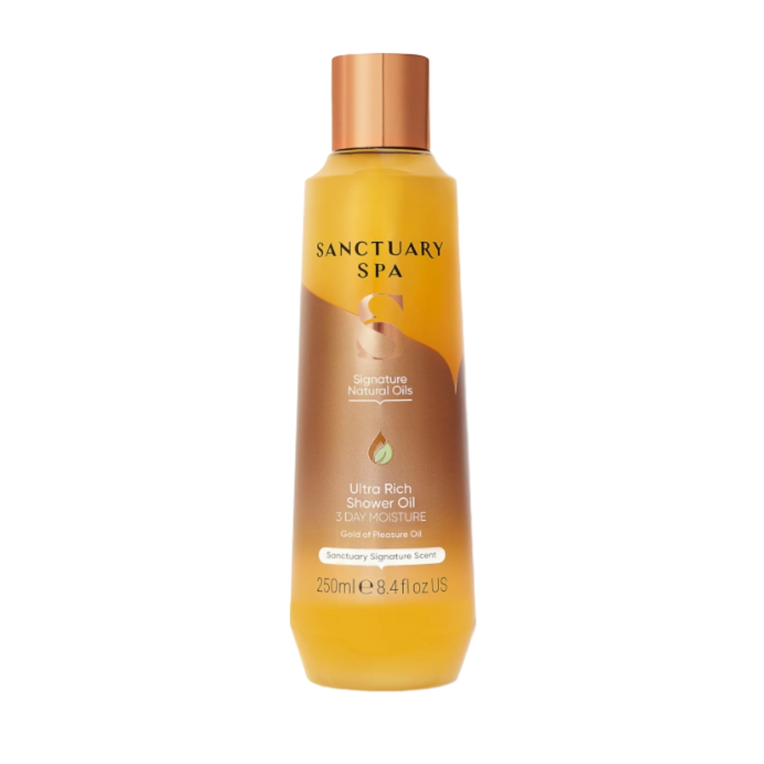 A product shot of the Sanctuary Spa ultra rich shower oil on a white background
