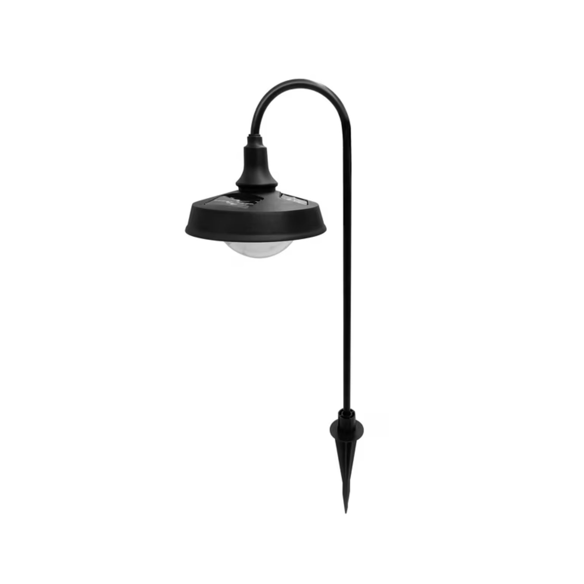 A black outdoor wireless light with a curved base