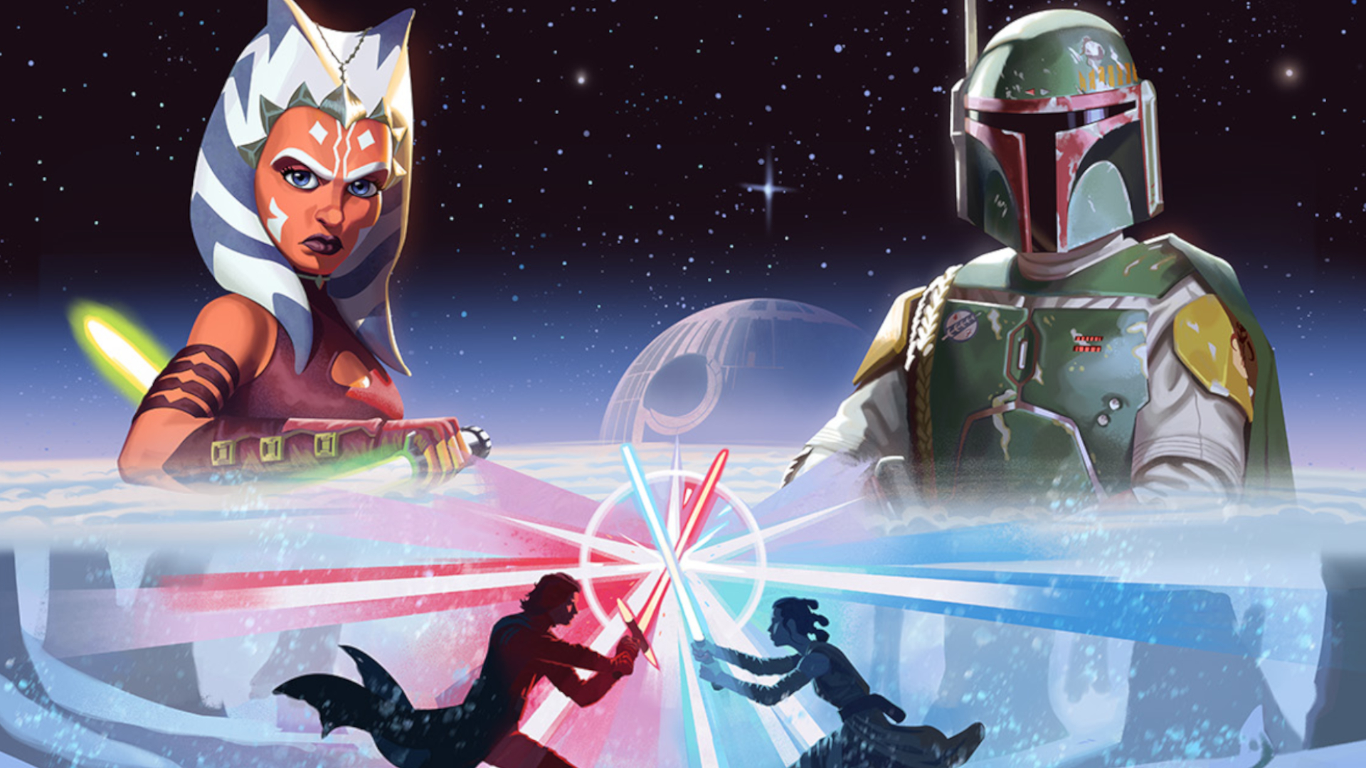 Ahsoka Tano and Boba Fett look on as Kylo Ren and Rey battle in a snowy forest below