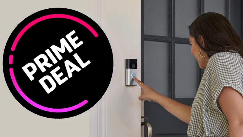 Person ringing Amazon Ring doorbell with Prime Deal sticker overlaid