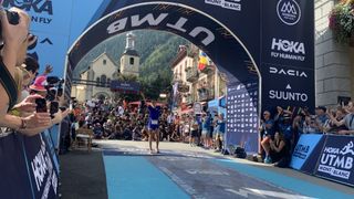 Katie Schide celebrates her win in the 2024 UTMB