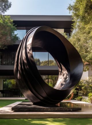 A brass circular sculpture in the front yard of a modern house