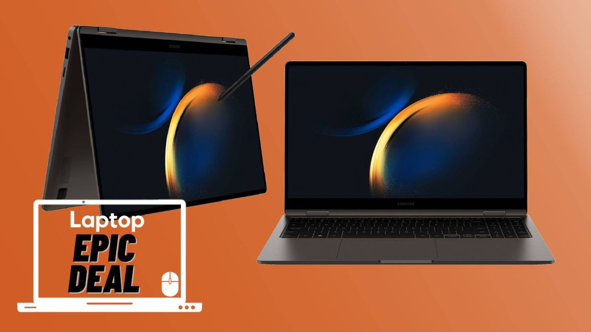 Samsung Galaxy Book 3 360 2-in-1 laptop with orang background