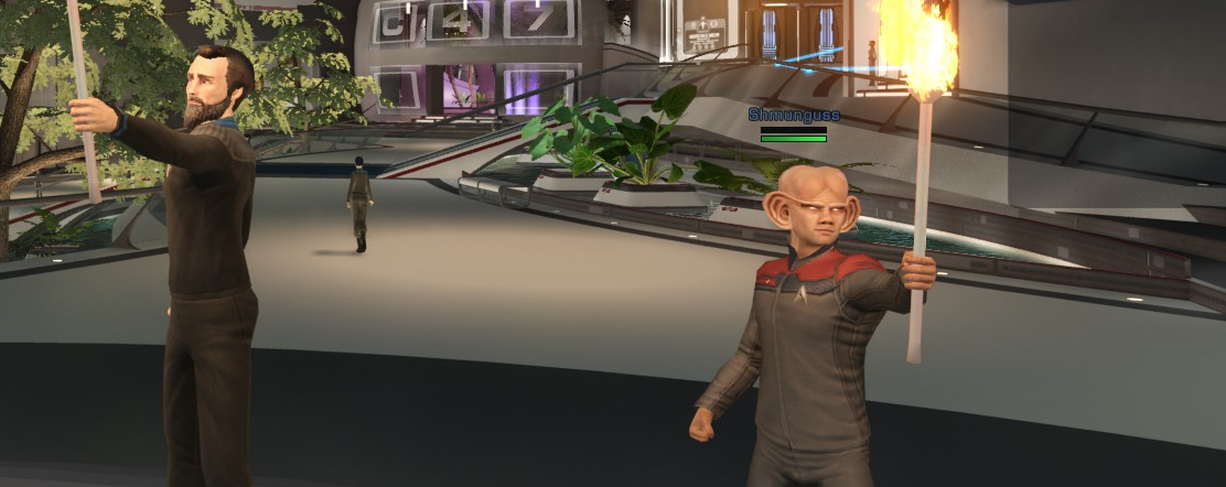 A Ferengi character named Shmunguss attending a Patrick Stewart memorial.