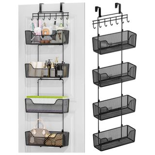 Hapirm Over the Door Organizer with four baskets on a door filled with toys, bottles and bags, and hooks