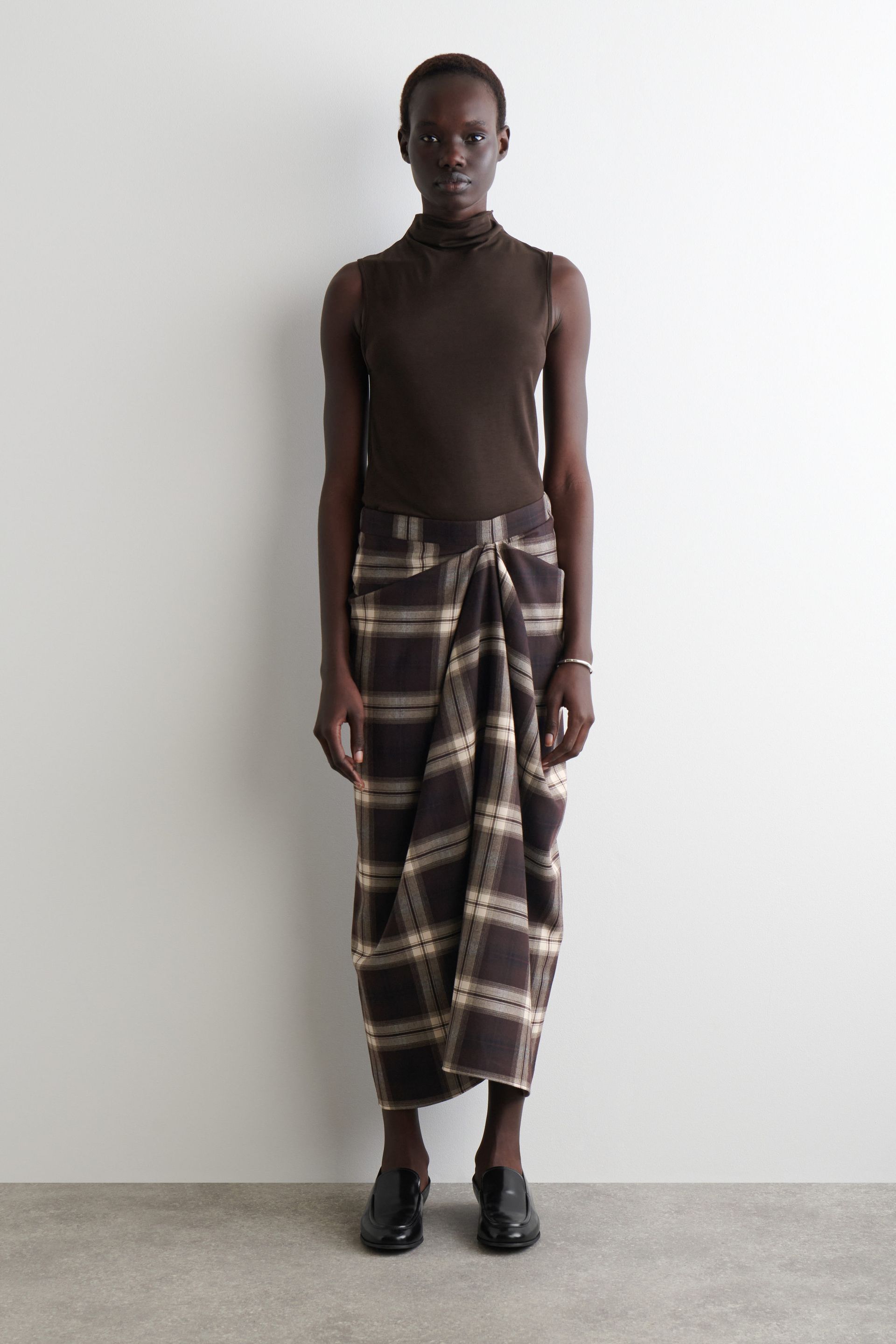 Draped Checked Midi Skirt