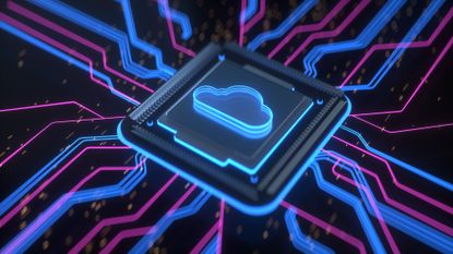 Cloud computing concept image showing a cloud symbol on a digitized server chip with flowing lines of data.